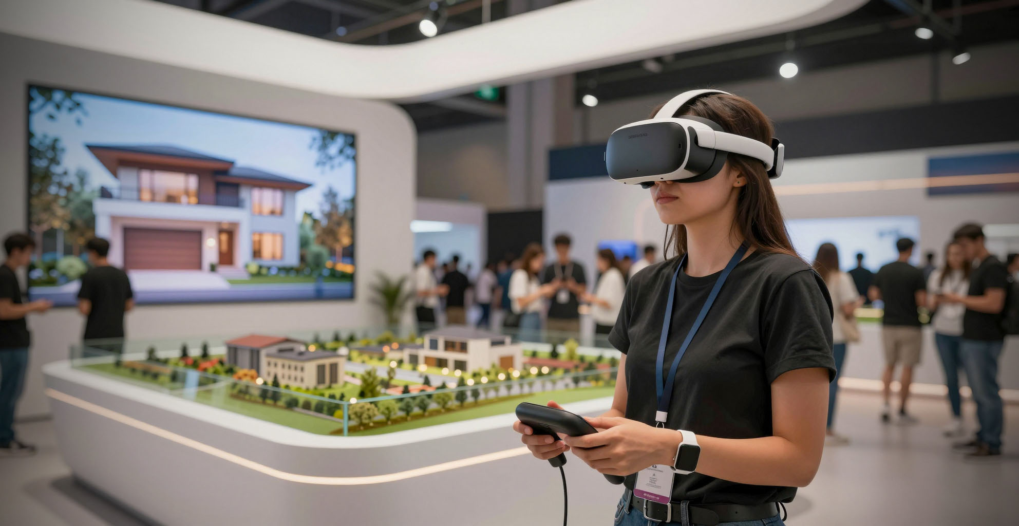 Person wearing VR headset experiencing architectural visualization